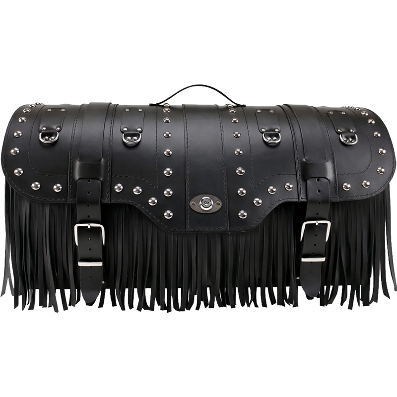 Kožený kufr na motorku se zámkem, nýty a třásněmi RSA K160 černý