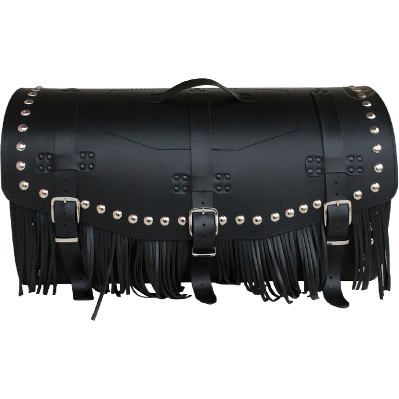 Kožený kufr na motorku se zámkem, nýty a třásněmi RSA K461 černý